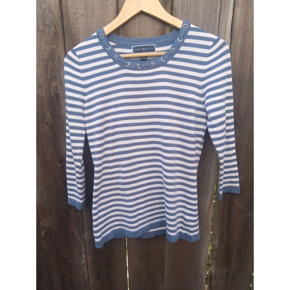 Karen Scott Heather Indigo Blue Mid Sleeve Striped Top Sz XS